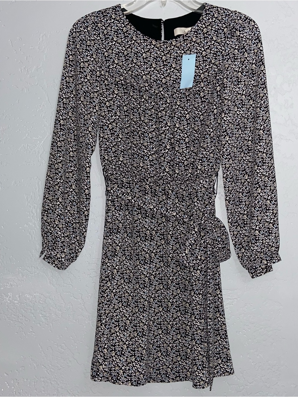 LOFT Ditsy Floral Dress Women 00P NWT Blue Cream Black Floral Long Sleeve Ruffle